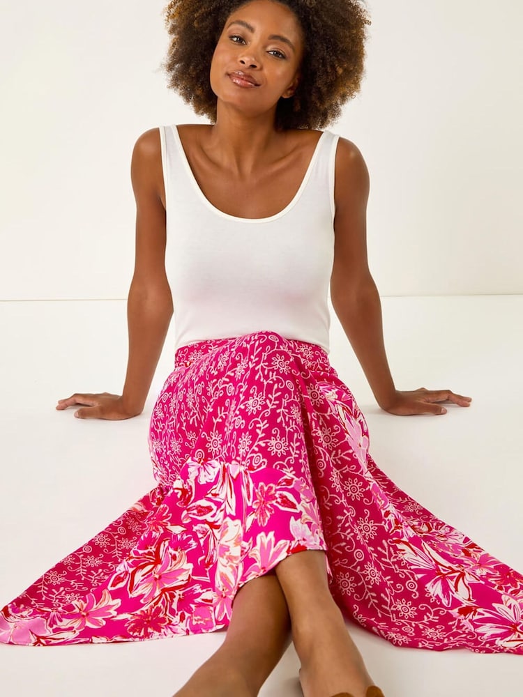 Roman Pink Vivid Multi Floral Print A-Line Skirt - Image 2 of 5 Roman Pink Vivid Multi Floral Print A-Line Skirt - Image 2 of 5
