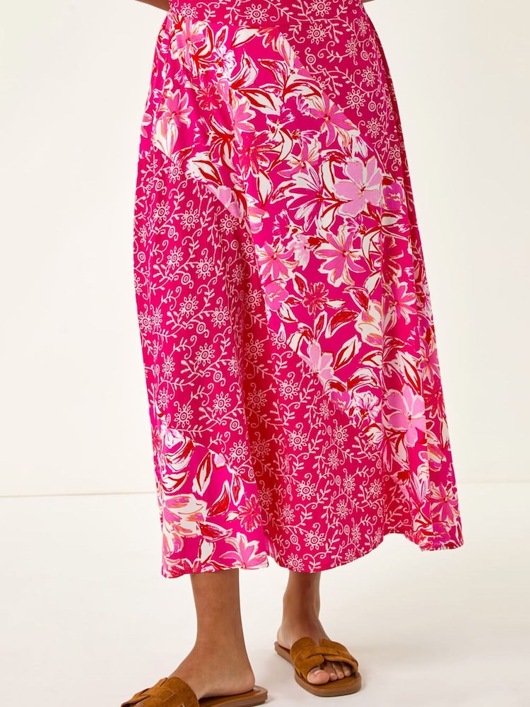 Roman Pink Vivid Multi Floral Print A-Line Skirt - Image 5 of 5 Roman Pink Vivid Multi Floral Print A-Line Skirt - Image 5 of 5