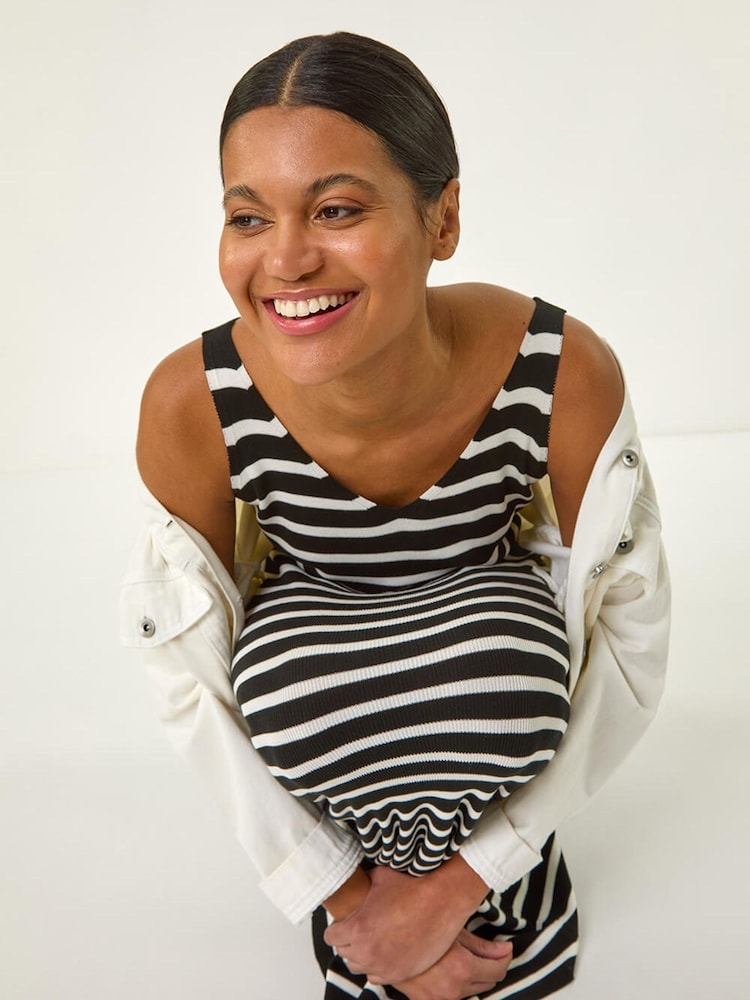 Roman Black Stripe Knitted Midi Dress - Image 1 of 5