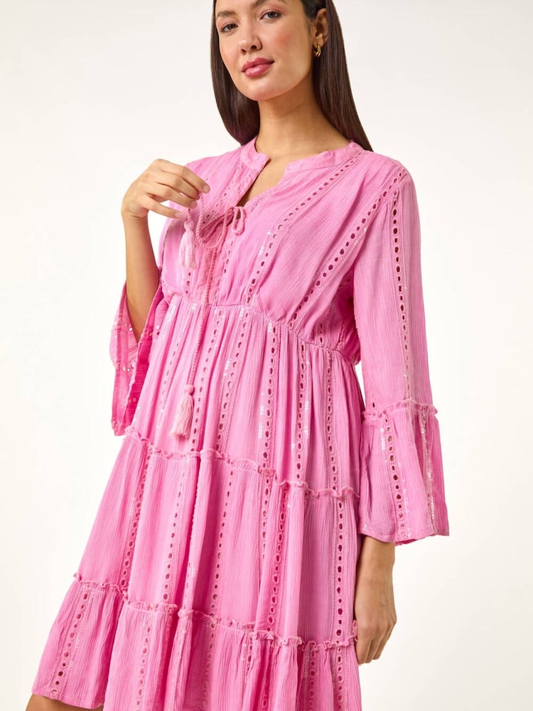 Roman Pink Shimmer Tie Detail Smock Dress - Image 1 of 5