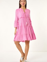 Roman Pink Shimmer Tie Detail Smock Dress - Image 2 of 5
