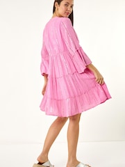 Roman Pink Shimmer Tie Detail Smock Dress - Image 3 of 5