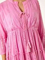 Roman Pink Shimmer Tie Detail Smock Dress - Image 5 of 5