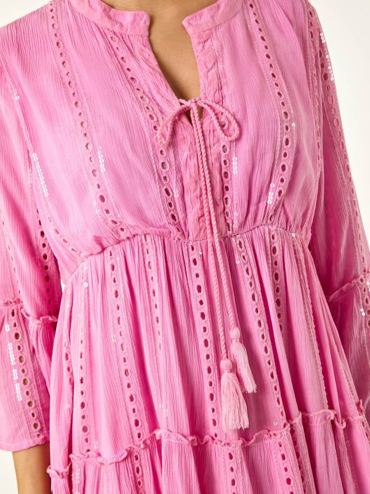 Roman Pink Shimmer Tie Detail Smock Dress - Image 5 of 5