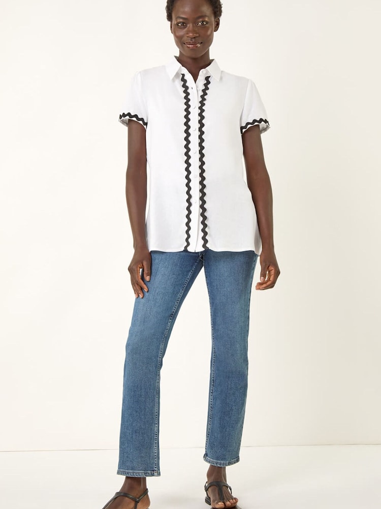 Roman White Linen Mix Contrast Trim Button Shirt - Image 1 of 5