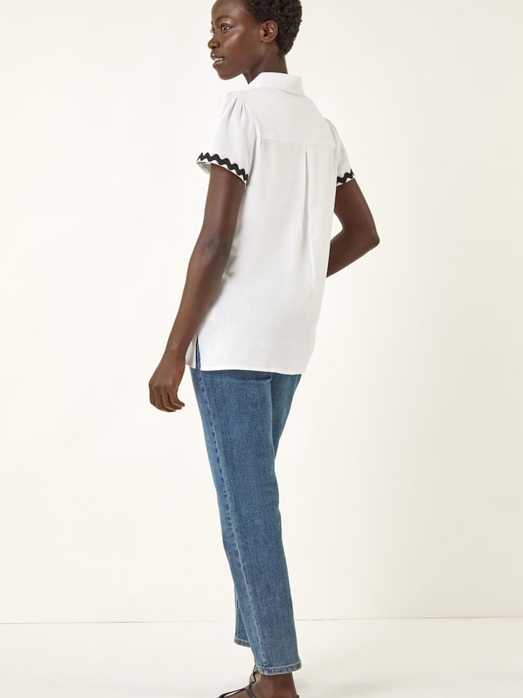 Roman White Linen Mix Contrast Trim Button Shirt - Image 2 of 5