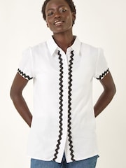 Roman White Linen Mix Contrast Trim Button Shirt - Image 5 of 5