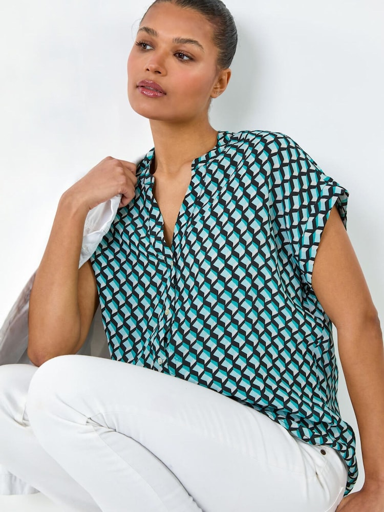 Roman Blue Geometric Print Relaxed Shirt - Image 1 of 5 Roman Blue Geometric Print Relaxed Shirt - Image 1 of 5