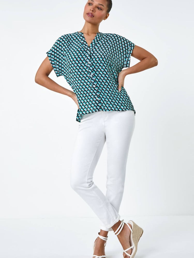 Roman Blue Geometric Print Relaxed Shirt - Image 2 of 5 Roman Blue Geometric Print Relaxed Shirt - Image 2 of 5
