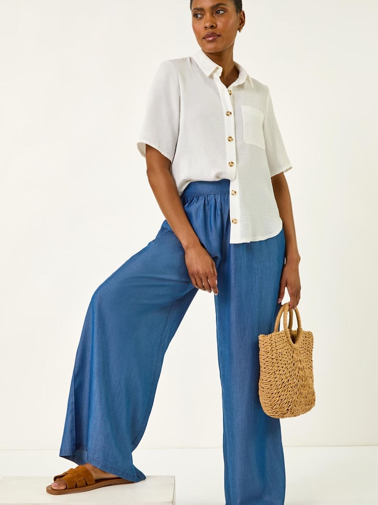 Roman Blue Pleated Full Length Wide Leg Trouser - Image 1 of 5 Roman Blue Pleated Full Length Wide Leg Trouser - Image 1 of 5