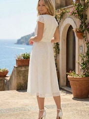Roman White Petite Gathered Neck Jacquard Dress - Image 3 of 5