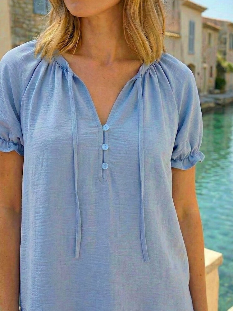 Roman Blue Shirred Tie Front Neck Top - Image 2 of 4