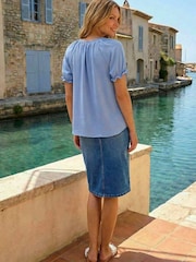 Roman Blue Shirred Tie Front Neck Top - Image 4 of 4