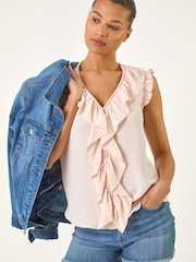 Roman Pink V-Neck Ruffle Front Vest Top - Image 1 of 5