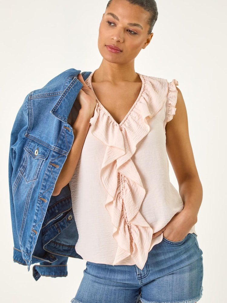 Roman Pink V-Neck Ruffle Front Vest Top - Image 1 of 5