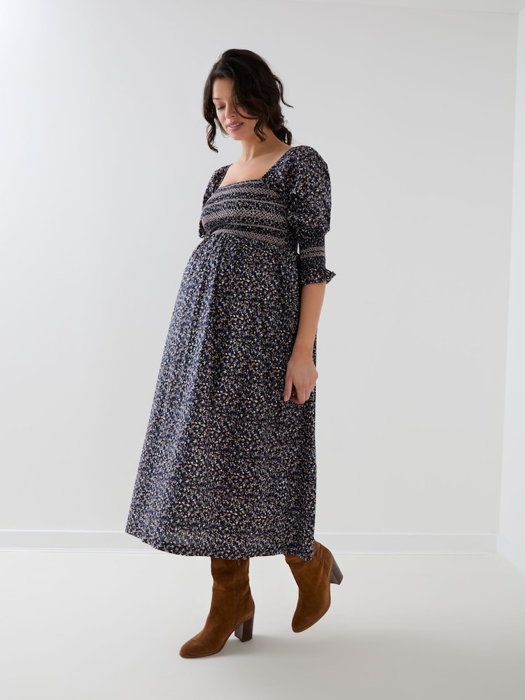 JoJo Maman Bébé Long Sleeve Shirred Midi Maternity Dress - Slika 1 od 5
