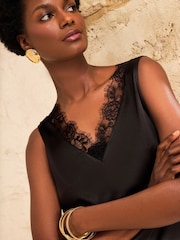 Love & Roses Black Petite Satin Front Lace Trim V-Neck Vest - Image 2 of 4