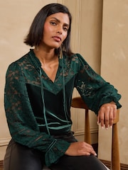 Love & Roses Green Velvet Lace Long Sleeve Blouse - Image 2 of 5