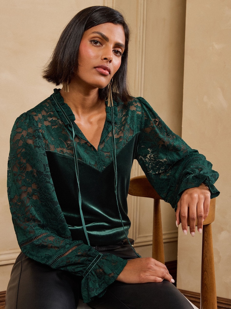 Love & Roses Green Velvet Lace Long Sleeve Blouse - Image 2 of 5
