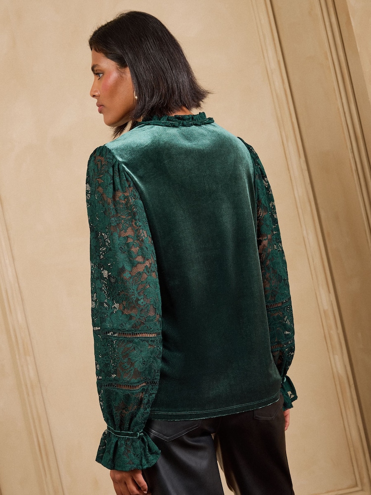 Love & Roses Green Velvet Lace Long Sleeve Blouse - Image 5 of 5