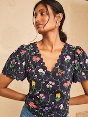 Love & Roses x RHS Navy Floral Print Petite Scallop T-Shirt - Image 1 of 4