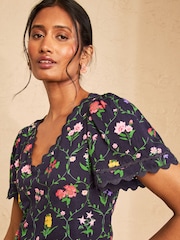 Love & Roses x RHS Navy Floral Print Petite Scallop T-Shirt - Image 2 of 4