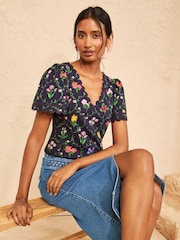 Love & Roses x RHS Navy Floral Print Petite Scallop T-Shirt - Image 4 of 4
