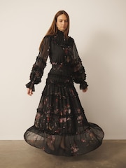 Black Majestic Floral Print - CERENE Long Sleeve Tiered Ruffle Maxi Dress - 13এর মধ্যে 1 ছবি