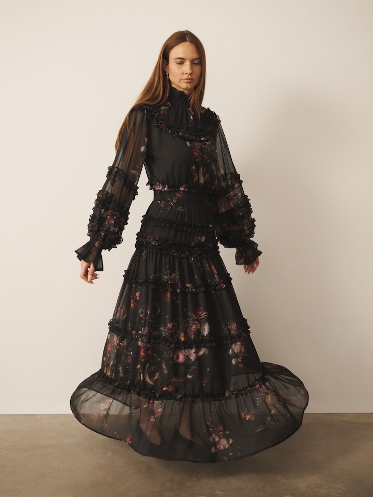 Black Majestic Floral Print - CERENE Long Sleeve Tiered Ruffle Maxi Dress - 13এর মধ্যে 1 ছবি