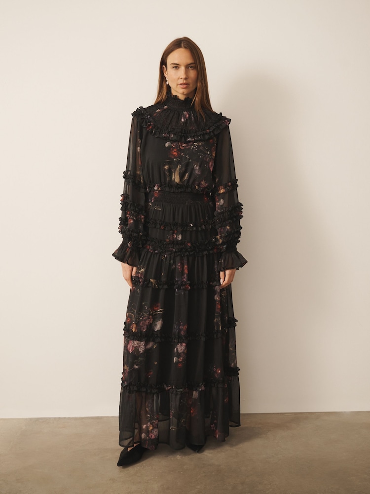 Black Majestic Floral Print - CERENE Long Sleeve Tiered Ruffle Maxi Dress - 13এর মধ্যে 2 ছবি