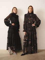 Black Majestic Floral Print - CERENE Long Sleeve Tiered Ruffle Maxi Dress - 13এর মধ্যে 3 ছবি