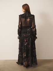 Black Majestic Floral Print - CERENE Long Sleeve Tiered Ruffle Maxi Dress - 13এর মধ্যে 4 ছবি
