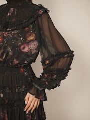 Black Majestic Floral Print - CERENE Long Sleeve Tiered Ruffle Maxi Dress - 13এর মধ্যে 5 ছবি