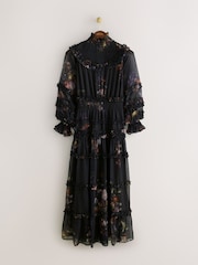Black Majestic Floral Print - CERENE Long Sleeve Tiered Ruffle Maxi Dress - 13এর মধ্যে 6 ছবি