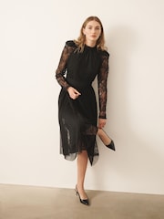 Noir - CERENE Puff Sleeve Lace Midi Dress - Image 1 de 11