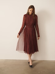 CERENE Ellie Burgundy Red Puff Sleeve Lace Midi Dress - Image 1 of 11