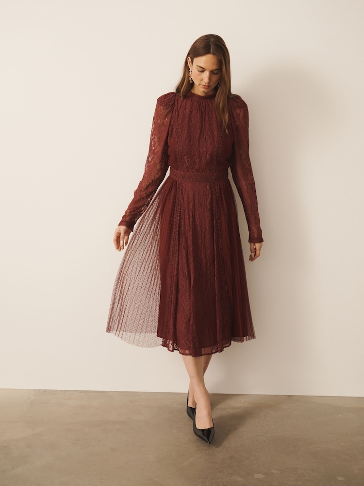 CERENE Ellie Burgundy Red Puff Sleeve Lace Midi Dress - Image 1 of 11