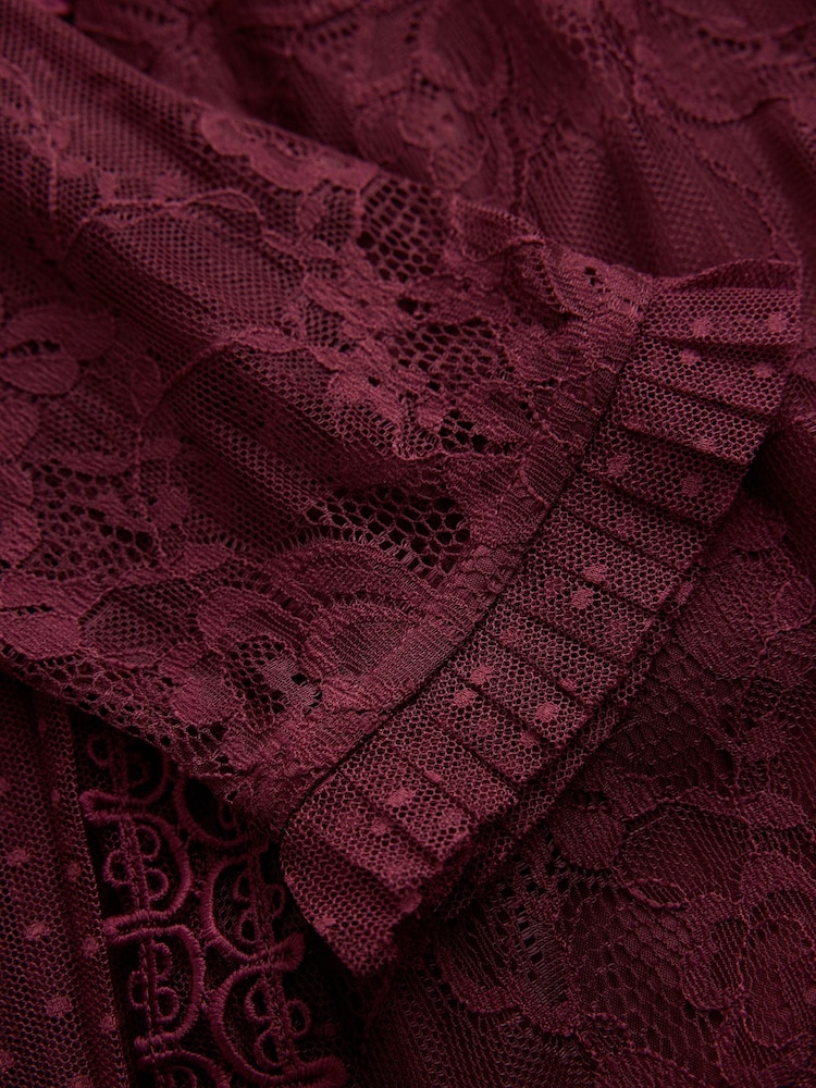 CERENE Ellie Burgundy Red Puff Sleeve Lace Midi Dress - Image 11 of 11
