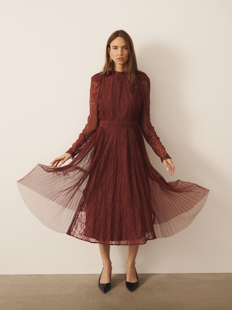 CERENE Ellie Burgundy Red Puff Sleeve Lace Midi Dress - Image 2 of 11