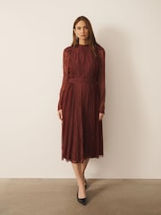 CERENE Ellie Burgundy Red Puff Sleeve Lace Midi Dress - Image 3 of 11