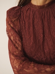 CERENE Ellie Burgundy Red Puff Sleeve Lace Midi Dress - Image 4 of 11