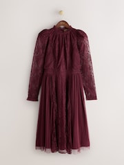 CERENE Ellie Burgundy Red Puff Sleeve Lace Midi Dress - Image 5 of 11