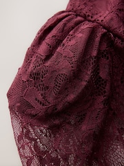 CERENE Ellie Burgundy Red Puff Sleeve Lace Midi Dress - Image 9 of 11