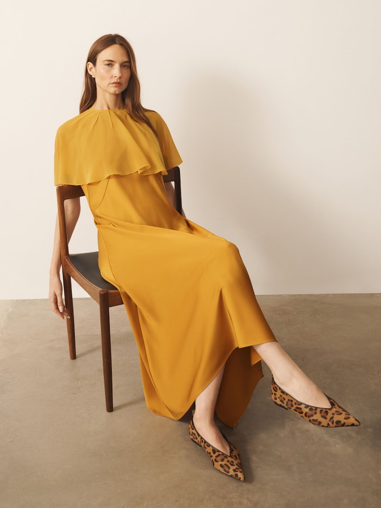 CERENE Crystal Gold Satin Slip Dress With Detachable Sheer Cape - Image 1 of 10