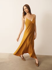CERENE Crystal Gold Satin Slip Dress With Detachable Sheer Cape - Image 3 of 10
