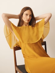 CERENE Crystal Gold Satin Slip Dress With Detachable Sheer Cape - Image 4 of 10