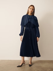 CERENE Jade Navy Long Sleeve Pleated Satin Midi Dress - Image 1 of 12