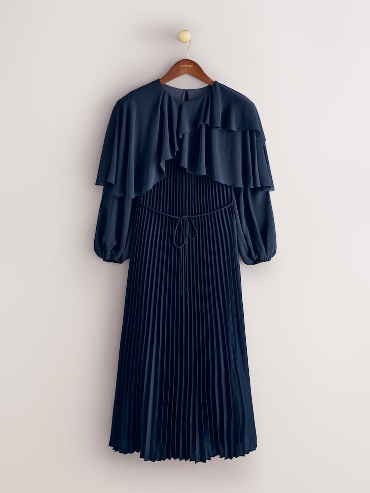 CERENE Jade Navy Long Sleeve Pleated Satin Midi Dress - Image 1 of 12 CERENE Jade Navy Long Sleeve Pleated Satin Midi Dress - Image 1 of 12
