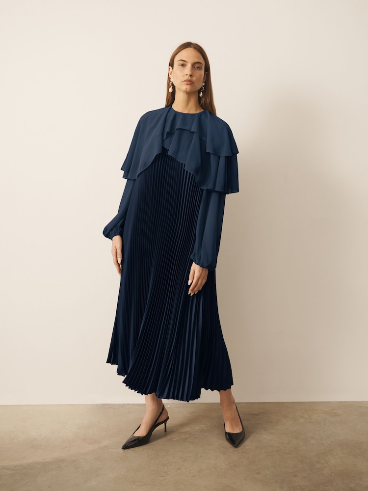 CERENE Jade Navy Long Sleeve Pleated Satin Midi Dress - Image 2 of 12 CERENE Jade Navy Long Sleeve Pleated Satin Midi Dress - Image 2 of 12