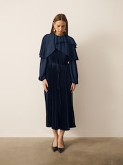 CERENE Jade Navy Long Sleeve Pleated Satin Midi Dress - Image 3 of 12